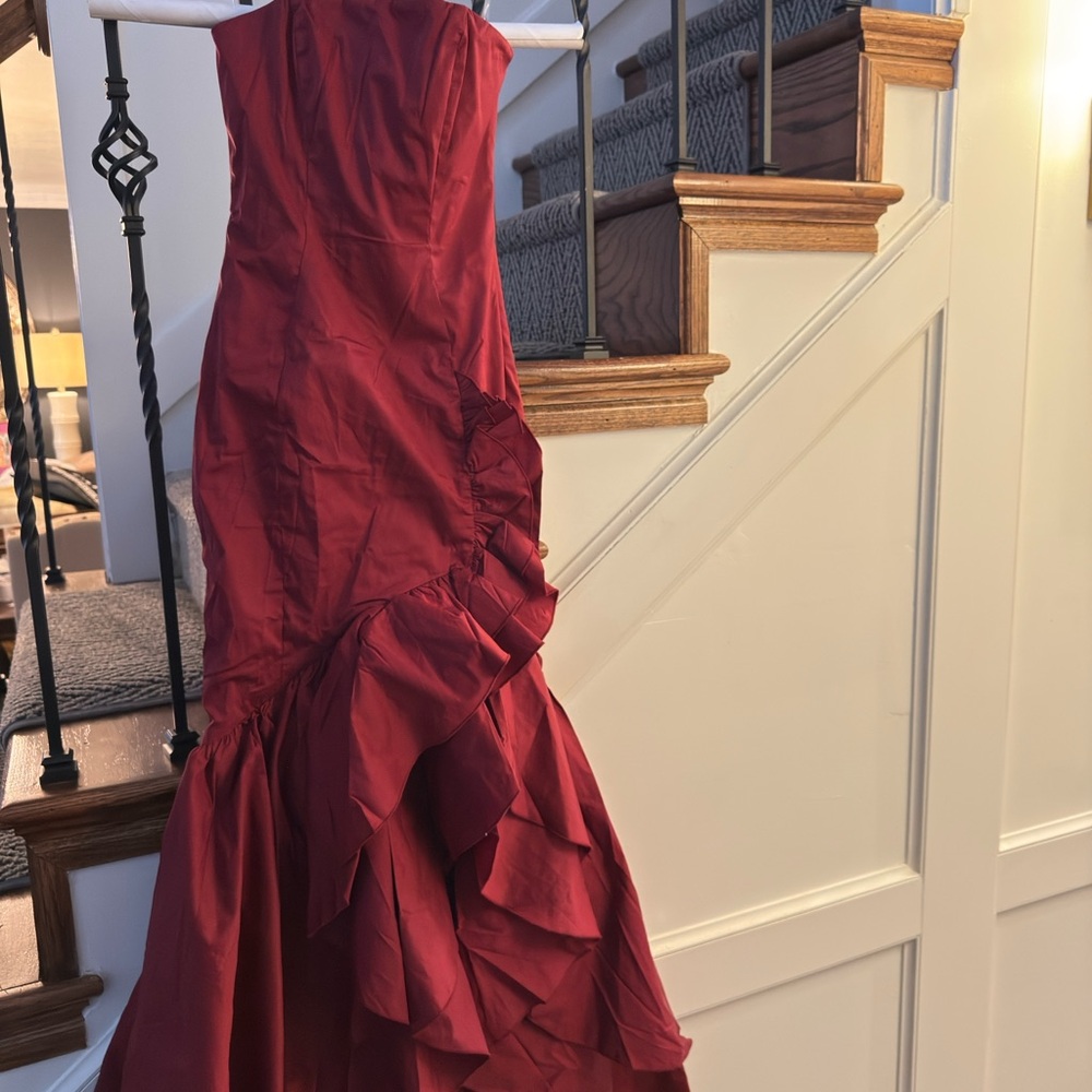 Red Asymmetrical Ruffled Maxi Dress - Picture 12 of 15